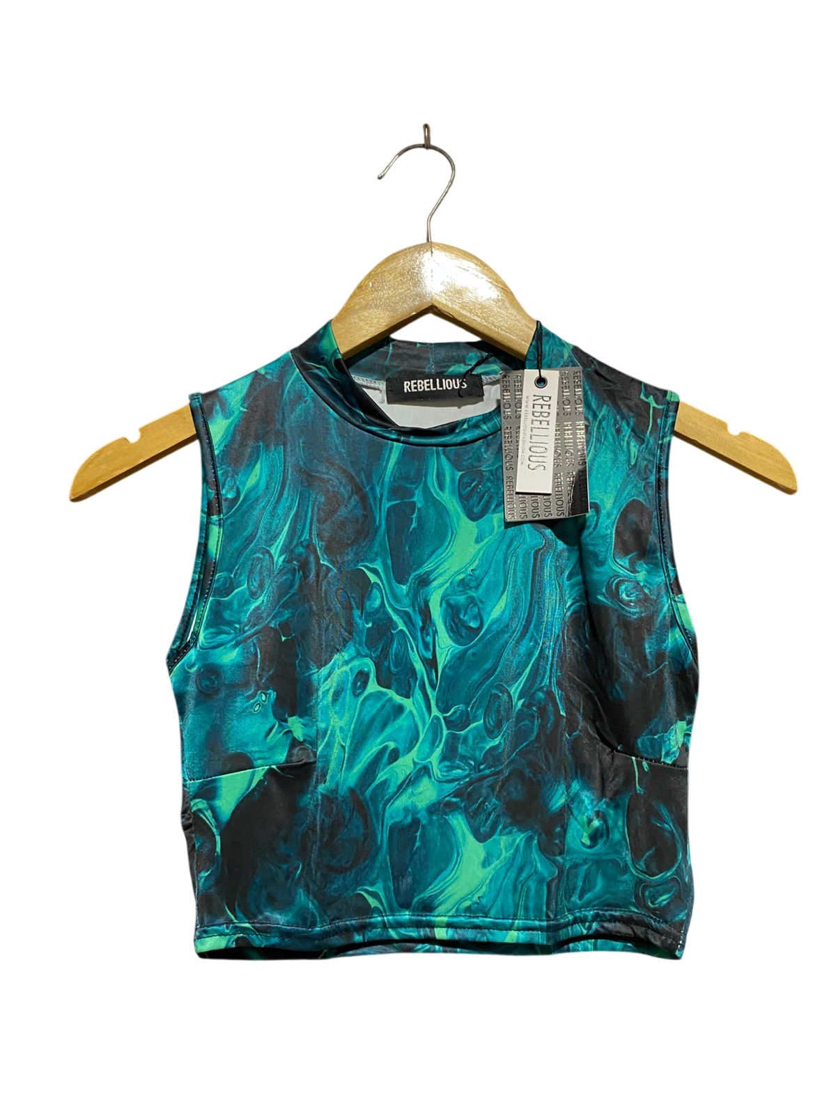 REBELLIOUS |S| BUST 14| B46| GREEN MARBLE PRINT MOCK NECK CROP TOP