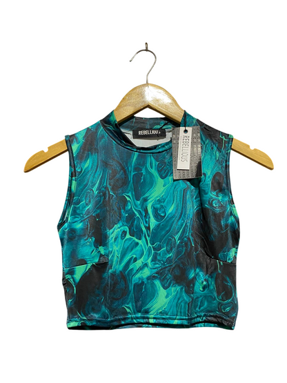 REBELLIOUS |S| BUST 14| B46| GREEN MARBLE PRINT MOCK NECK CROP TOP