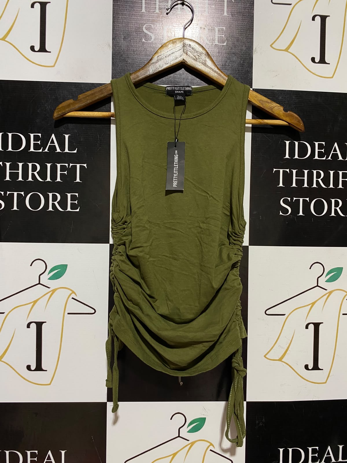 PRETTYLITTLE THING |XS| BUST 13| B46| SHAPE KHAKI RUCHED SIDE TANK TOP