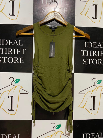 PRETTYLITTLE THING |XS| BUST 13| B46| SHAPE KHAKI RUCHED SIDE TANK TOP