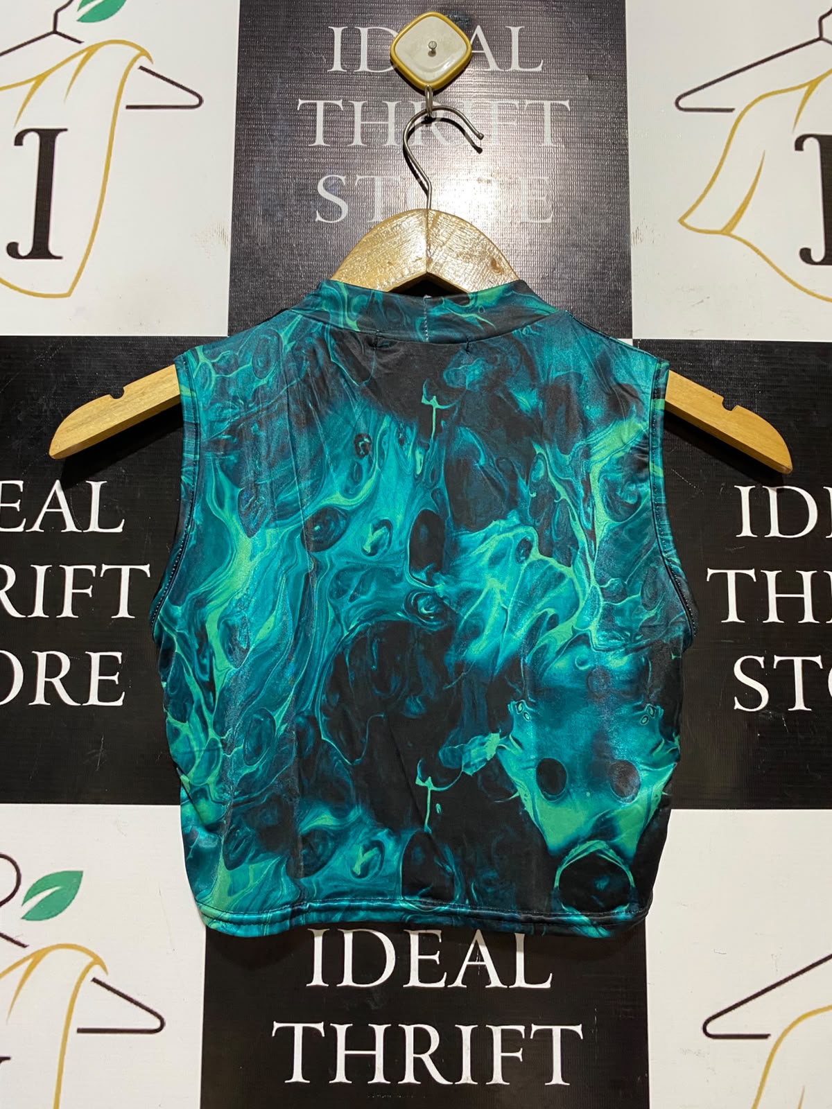 REBELLIOUS |S| BUST 14| B46| GREEN MARBLE PRINT MOCK NECK CROP TOP