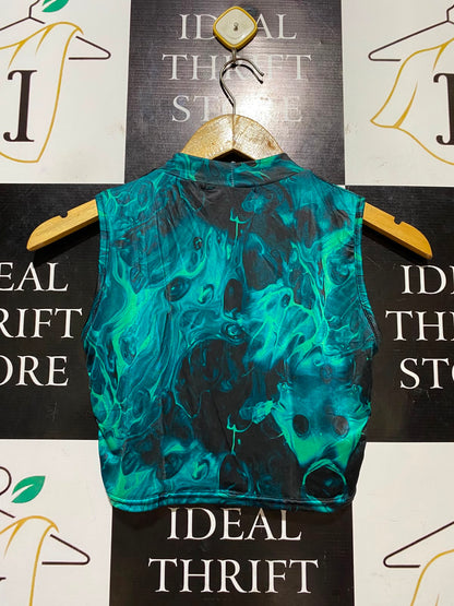 REBELLIOUS |S| BUST 14| B46| GREEN MARBLE PRINT MOCK NECK CROP TOP