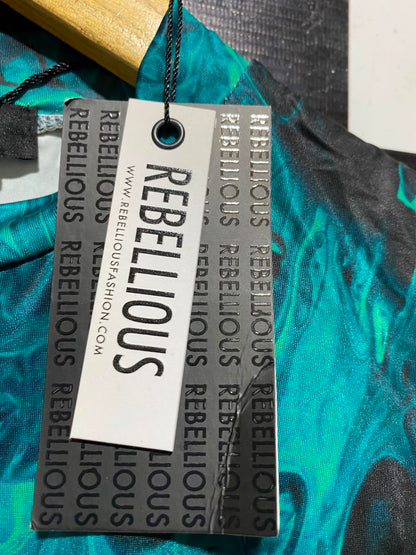 REBELLIOUS |S| BUST 14| B46| GREEN MARBLE PRINT MOCK NECK CROP TOP