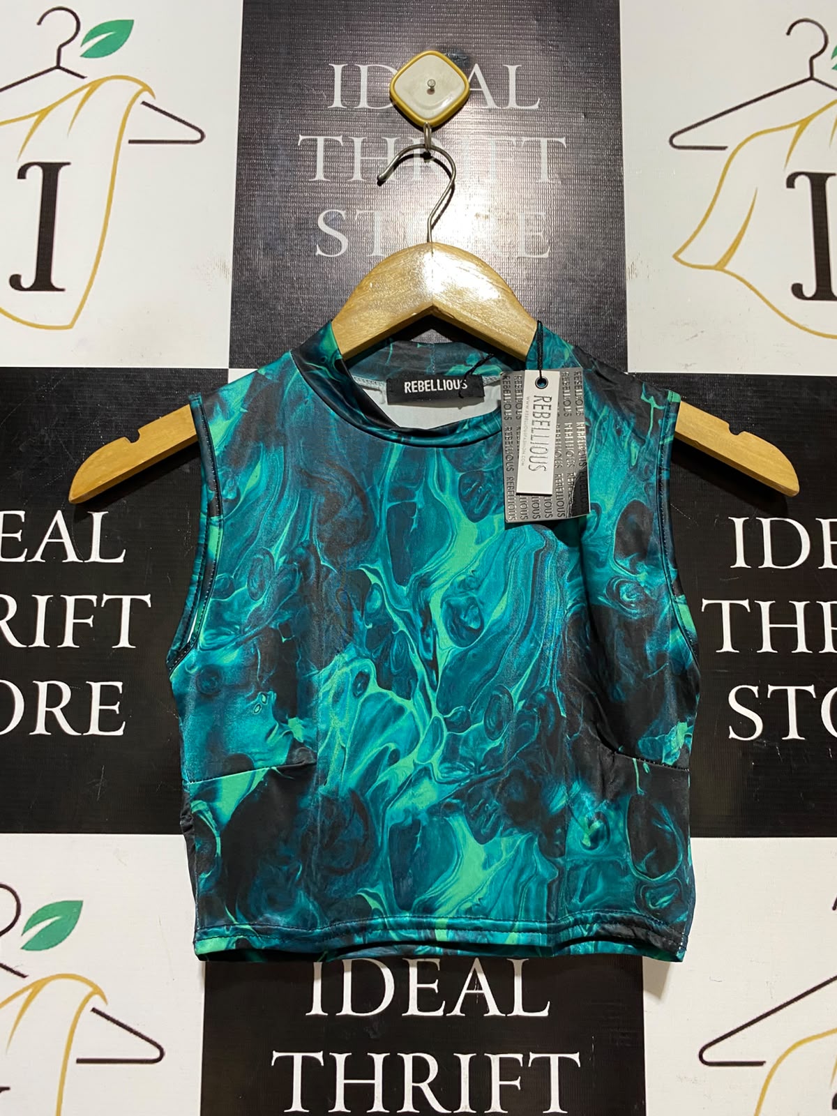 REBELLIOUS |S| BUST 14| B46| GREEN MARBLE PRINT MOCK NECK CROP TOP