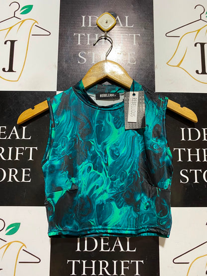 REBELLIOUS |S| BUST 14| B46| GREEN MARBLE PRINT MOCK NECK CROP TOP