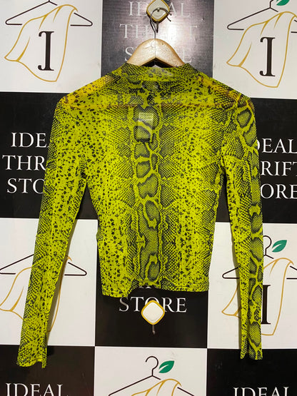 NEW LOOK |S| BUST 14| B46| NEON YELLOW SNAKESKIN MOCK NECK MESH LONG SLEEVE TOP