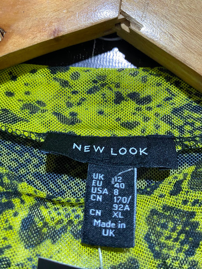 NEW LOOK |S| BUST 14| B46| NEON YELLOW SNAKESKIN MOCK NECK MESH LONG SLEEVE TOP