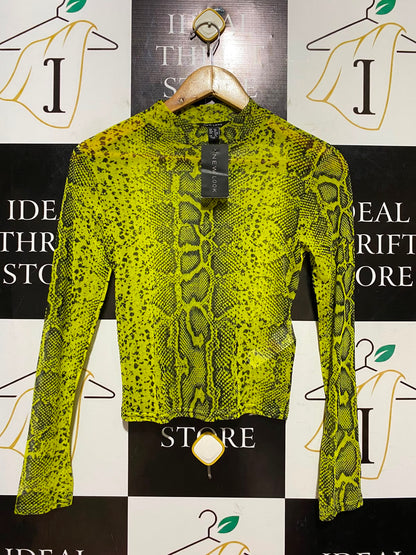 NEW LOOK |S| BUST 14| B46| NEON YELLOW SNAKESKIN MOCK NECK MESH LONG SLEEVE TOP