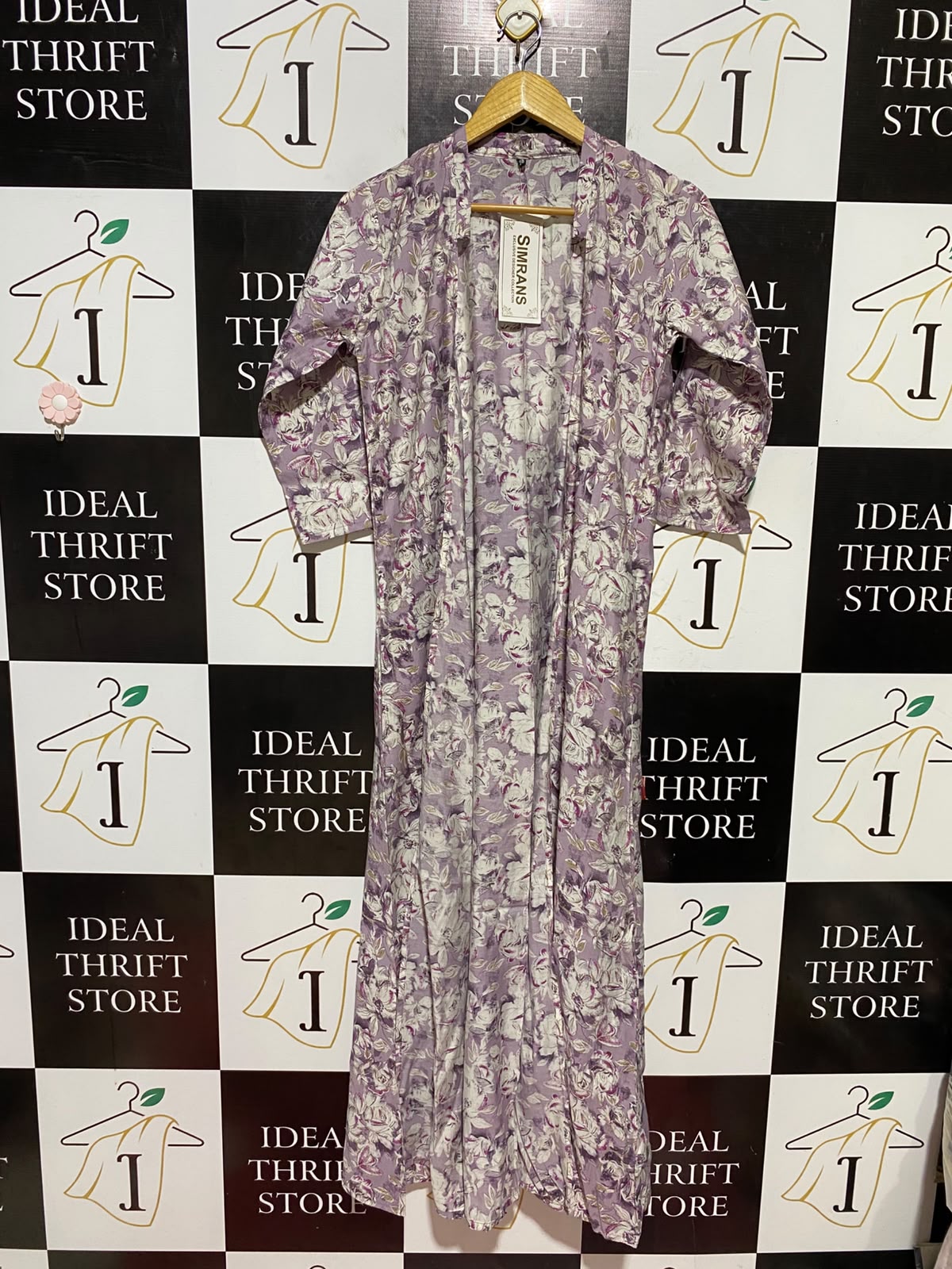 SIMRANS |L| BUST 19| B46| PURPLE FLORAL PRINT OPEN FRONT MAXI CARDIGAN DUSTER