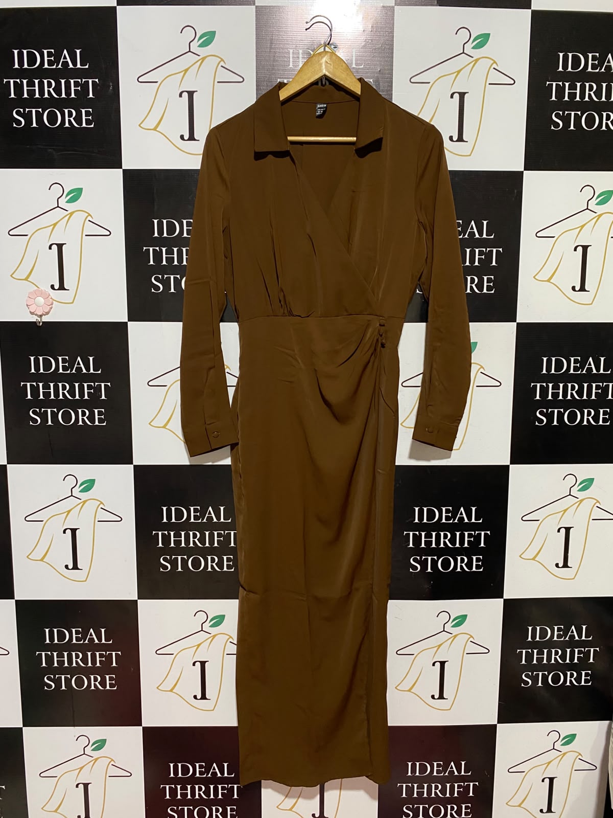 SHEIN |M| BUST 18| B46| BROWN LONG SLEEVE SURPLICE WRAP MIDI DRESS