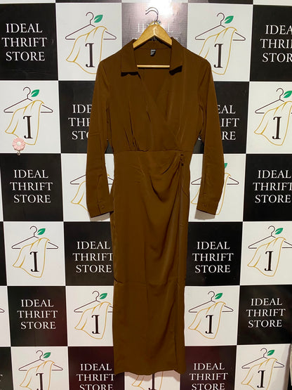 SHEIN |M| BUST 18| B46| BROWN LONG SLEEVE SURPLICE WRAP MIDI DRESS