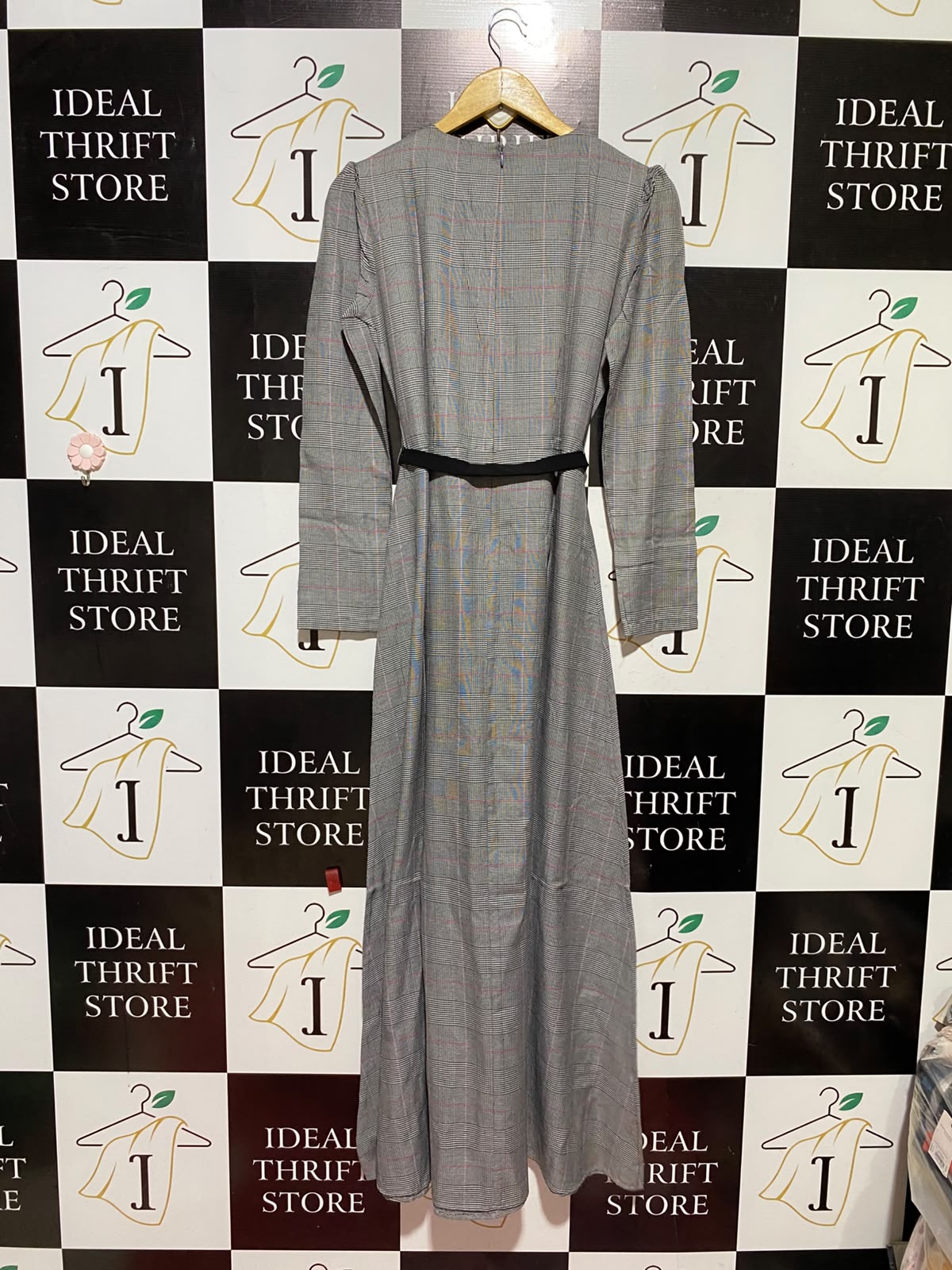 SEFAMERVE |M| BUST 17| B46 | GLEN PLAID LONG SLEEVE MAXI DRESS WITH BELT