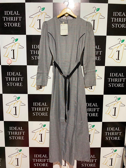SEFAMERVE |M| BUST 17| B46 | GLEN PLAID LONG SLEEVE MAXI DRESS WITH BELT