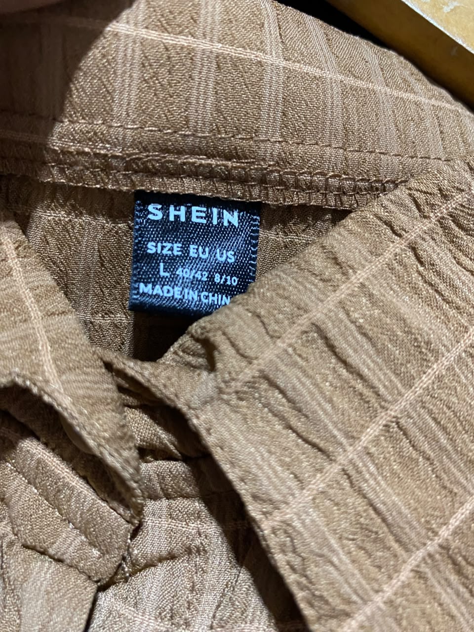 SHEIN |L| B46| TAN BROWN TEXTURED GRID BUTTON DOWN SHIRT AND WIDE LEG PANTS CO-ORD SET