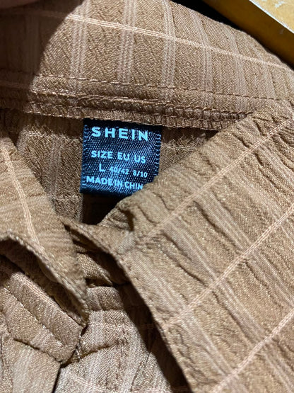 SHEIN |L| B46| TAN BROWN TEXTURED GRID BUTTON DOWN SHIRT AND WIDE LEG PANTS CO-ORD SET