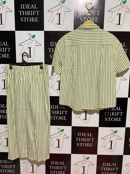 HARLAND |L| B46| SAGE GREEN STRIPED SHORT SLEEVE BUTTON DOWN SHIRT AND MIDI SKIRT CO-ORD SET
