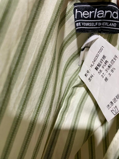 HARLAND |L| B46| SAGE GREEN STRIPED SHORT SLEEVE BUTTON DOWN SHIRT AND MIDI SKIRT CO-ORD SET