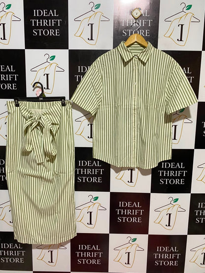 HARLAND |L| B46| SAGE GREEN STRIPED SHORT SLEEVE BUTTON DOWN SHIRT AND MIDI SKIRT CO-ORD SET