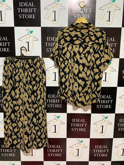 MNG |M| B46| MANGO ABSTRACT PRINT SHORT SLEEVE BUTTON DOWN SHIRT AND WIDE LEG PANTS CO-ORD SET