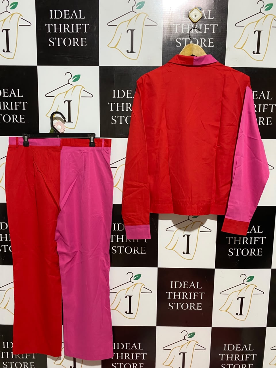 INCERUN |M| B46| RED AND PINK COLOR BLOCK BUTTON DOWN JACKET AND PANTS CO-ORD SET