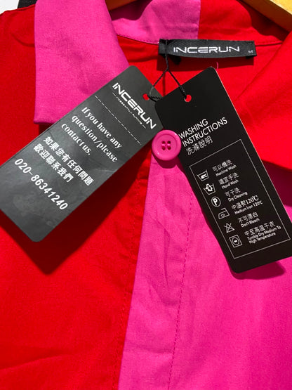 INCERUN |M| B46| RED AND PINK COLOR BLOCK BUTTON DOWN JACKET AND PANTS CO-ORD SET