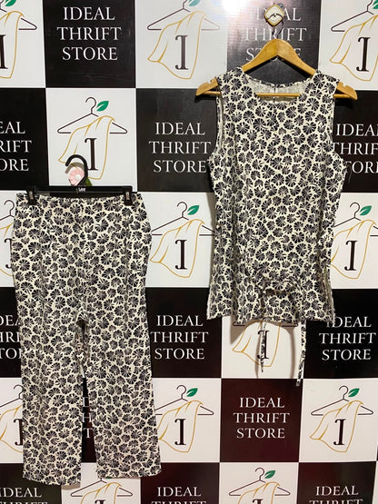PREVIEW |M| B46| BLACK AND WHITE ABSTRACT FAN PRINT SLEEVELESS TOP AND PANTS CO-ORD SET