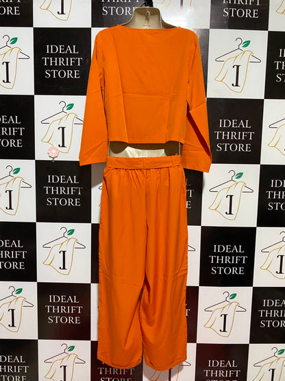 |S| B46| BURNT ORANGE LONG SLEEVE CROP TOP AND WIDE LEG PANTS CO-ORD SET