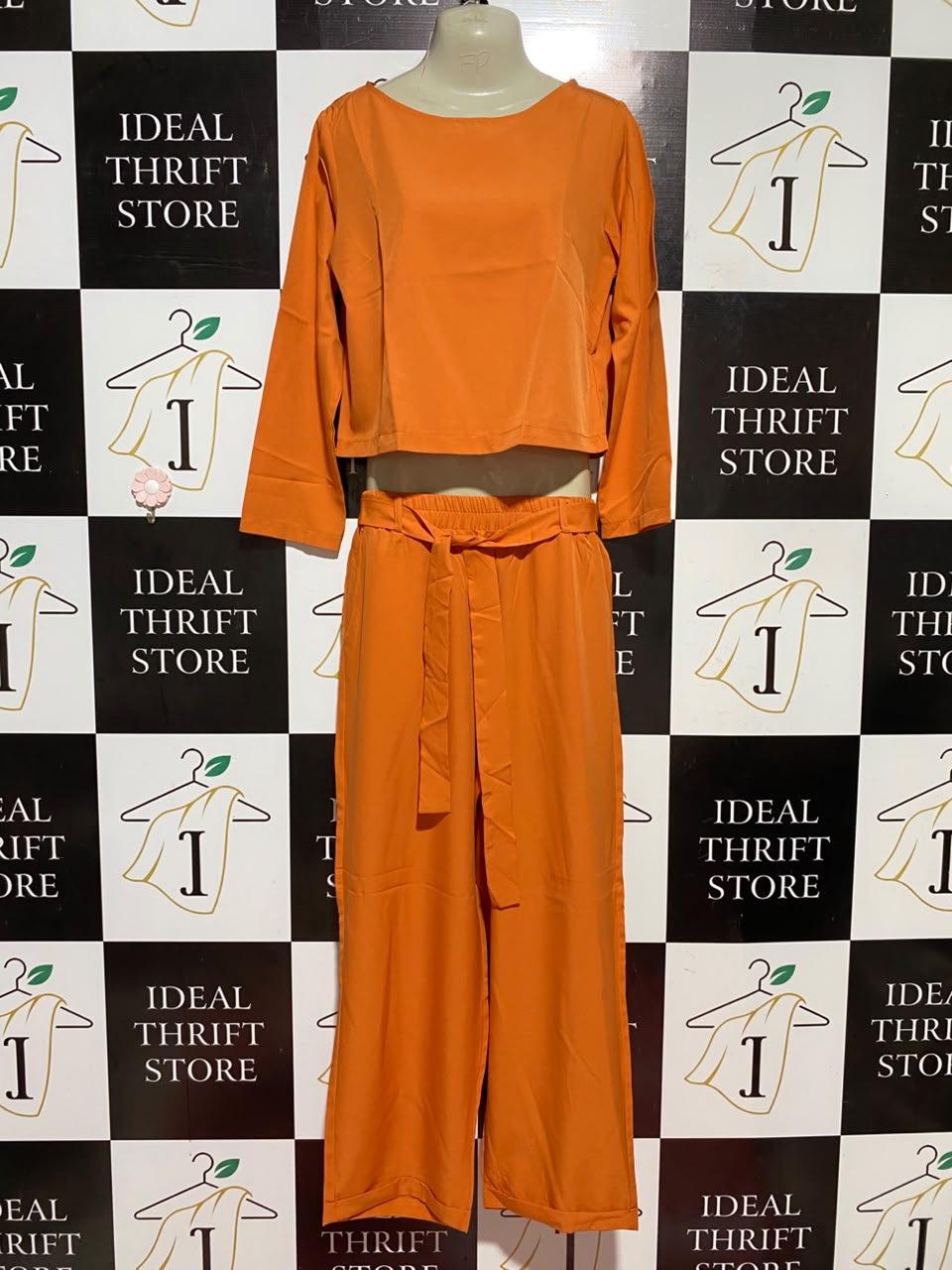 |S| B46| BURNT ORANGE LONG SLEEVE CROP TOP AND WIDE LEG PANTS CO-ORD SET
