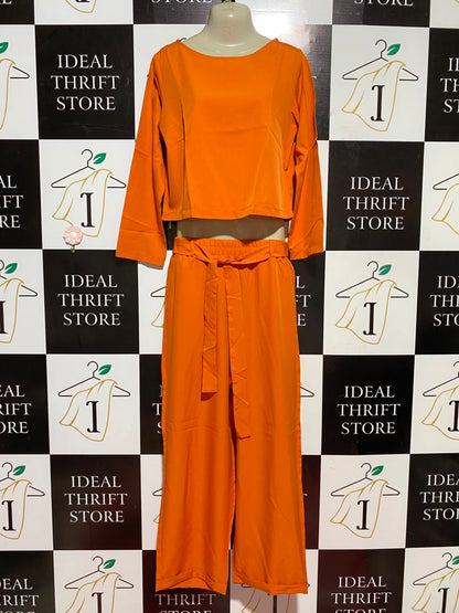 |S| B46| BURNT ORANGE LONG SLEEVE CROP TOP AND WIDE LEG PANTS CO-ORD SET