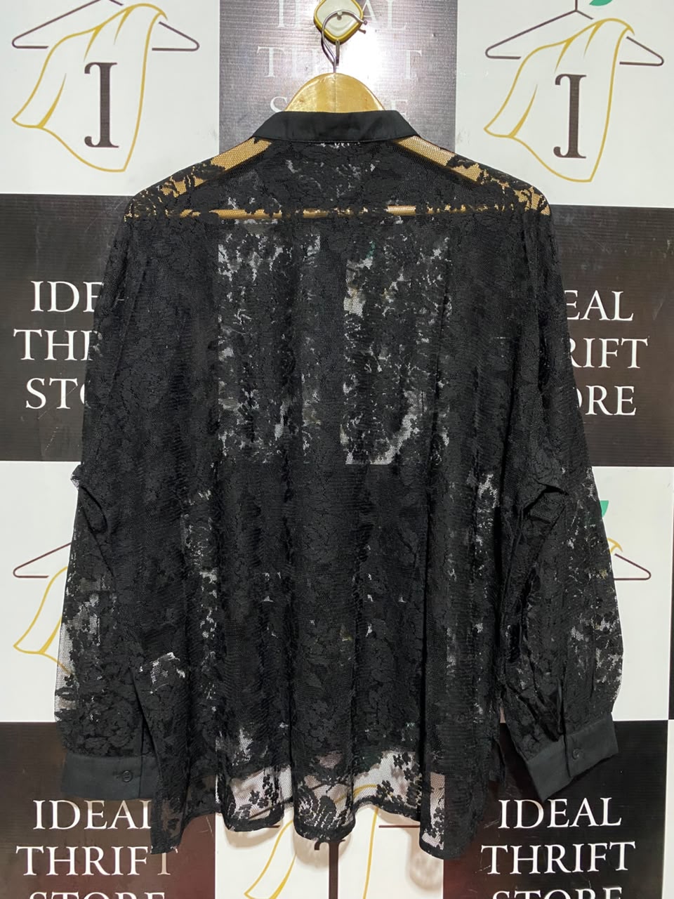 FRIFUL |XL| BUST 23| B46| BLACK SHEER FLORAL LACE LONG SLEEVE BUTTON DOWN SHIRT