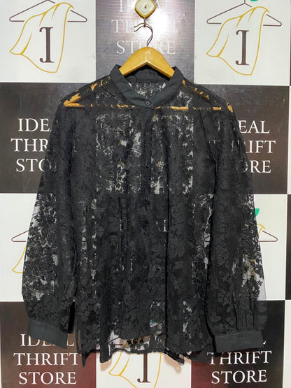 FRIFUL |XL| BUST 23| B46| BLACK SHEER FLORAL LACE LONG SLEEVE BUTTON DOWN SHIRT
