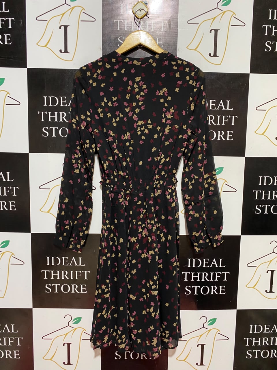 H&M |M| BUST 16| B46| BLACK FLORAL PRINT LONG SLEEVE MIDI DRESS WITH KEYHOLE TIE