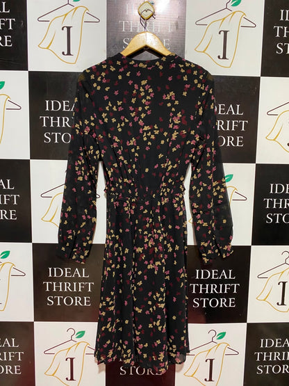 H&M |M| BUST 16| B46| BLACK FLORAL PRINT LONG SLEEVE MIDI DRESS WITH KEYHOLE TIE