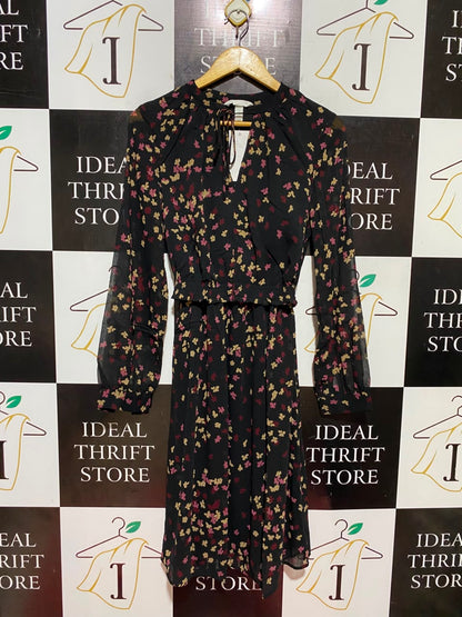 H&M |M| BUST 16| B46| BLACK FLORAL PRINT LONG SLEEVE MIDI DRESS WITH KEYHOLE TIE