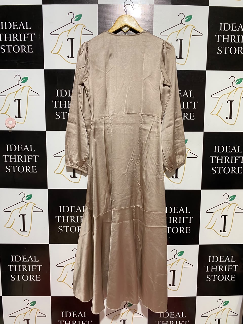 PLUSS |M| BUST 18| B46| PIECES SATIN FAUX WRAP MIDI DRESS WITH RUFFLED HIGH-LOW HEM