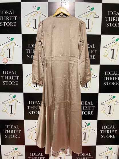 PLUSS |M| BUST 18| B46| PIECES SATIN FAUX WRAP MIDI DRESS WITH RUFFLED HIGH-LOW HEM