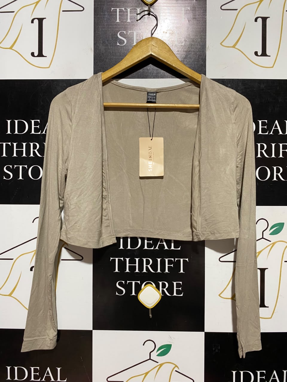 SHEIN |XS| BUST 17| B45| TAUPE CROPPED LONG SLEEVE OPEN FRONT SHRUG CARDIGAN
