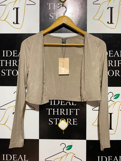 SHEIN |XS| BUST 17| B45| TAUPE CROPPED LONG SLEEVE OPEN FRONT SHRUG CARDIGAN