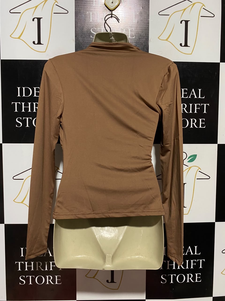 SHEIN |M| BUST 17| B45| TAN BROWN ONE-SHOULDER ASYMMETRIC RUFFLED LONG SLEEVE TOP