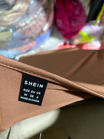 SHEIN |M| BUST 17| B45| TAN BROWN ONE-SHOULDER ASYMMETRIC RUFFLED LONG SLEEVE TOP