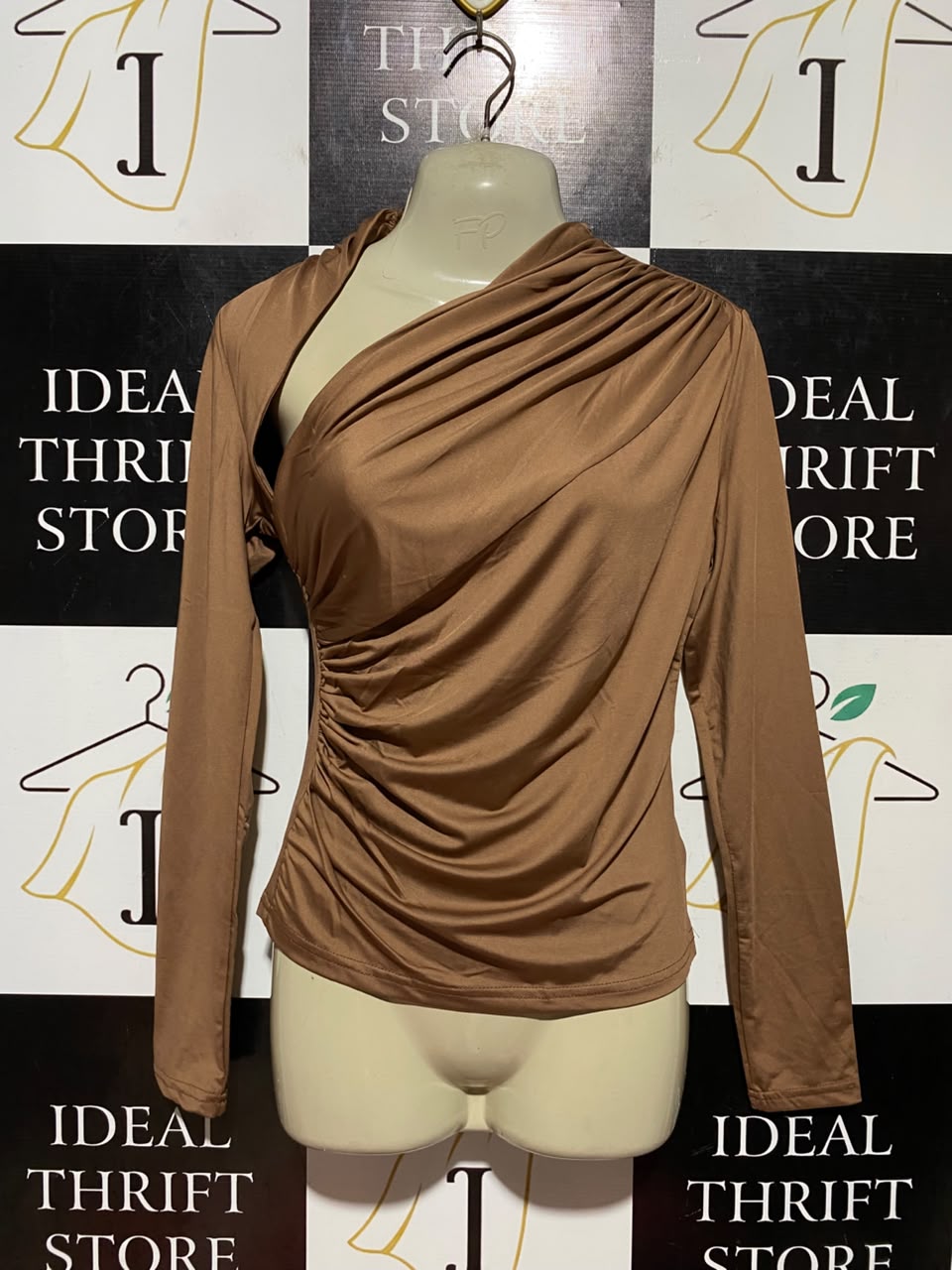 SHEIN |M| BUST 17| B45| TAN BROWN ONE-SHOULDER ASYMMETRIC RUFFLED LONG SLEEVE TOP