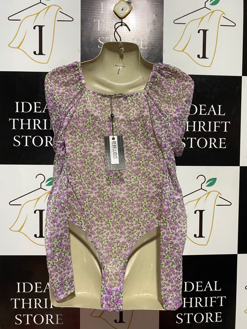 REBELLIOUS |S| BUST 15| B45| PURPLE FLORAL PRINT PUFF SLEEVE RUCHED BODYSUIT