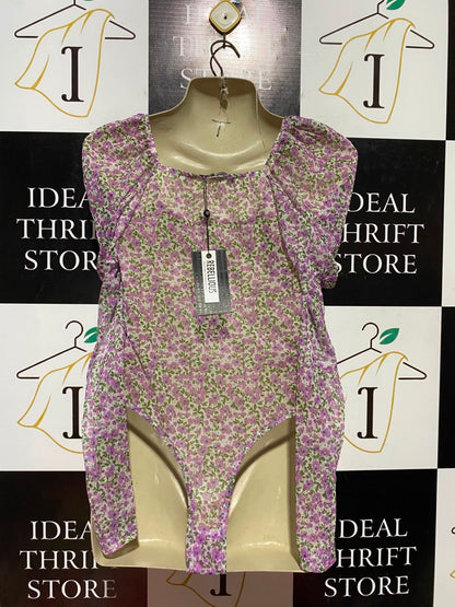REBELLIOUS |S| BUST 15| B45| PURPLE FLORAL PRINT PUFF SLEEVE RUCHED BODYSUIT