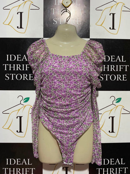 REBELLIOUS |S| BUST 15| B45| PURPLE FLORAL PRINT PUFF SLEEVE RUCHED BODYSUIT