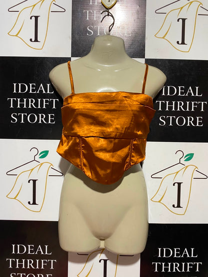 REBELLIOUS |S| BUST 15| B45| BURNT ORANGE SATIN CAMI CORSET CROP TOP