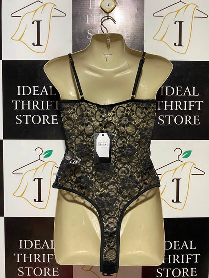 NAANAA |M| BUST 16| B45| BLACK SHEER LACE CORSET-STYLE CAMI BODYSUIT