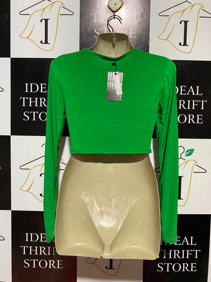 REBELLIOUS |S| BUST 16| B45| BRIGHT LIME GREEN LONG SLEEVE CUTOUT CROP TOP