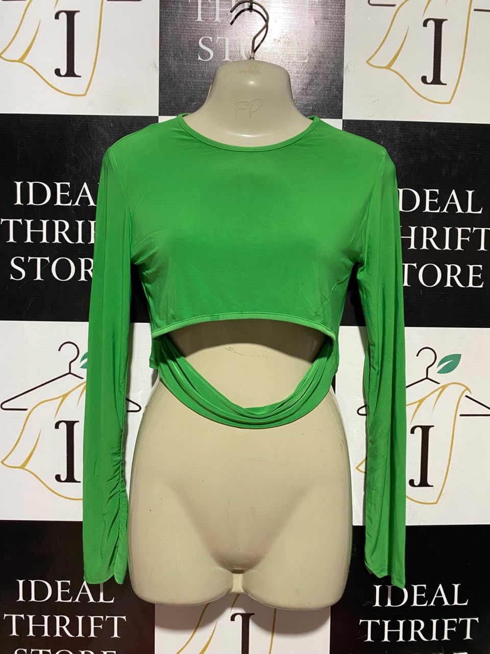 REBELLIOUS |S| BUST 16| B45| BRIGHT LIME GREEN LONG SLEEVE CUTOUT CROP TOP