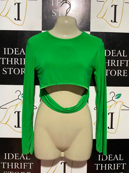 REBELLIOUS |S| BUST 16| B45| BRIGHT LIME GREEN LONG SLEEVE CUTOUT CROP TOP