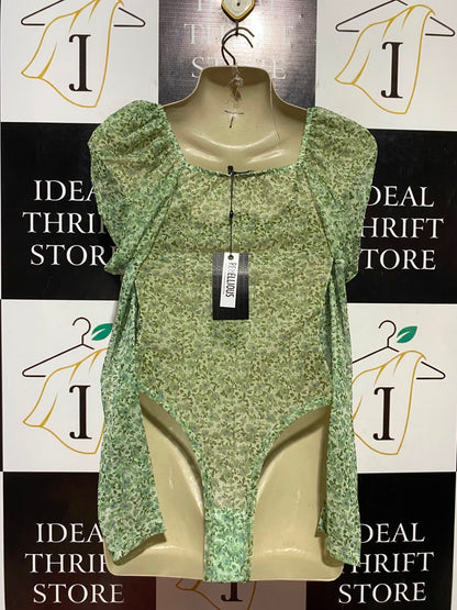 REBELLIOUS |S| BUST 15| B45| GREEN FLORAL PRINT PUFF SLEEVE RUCHED BODYSUIT